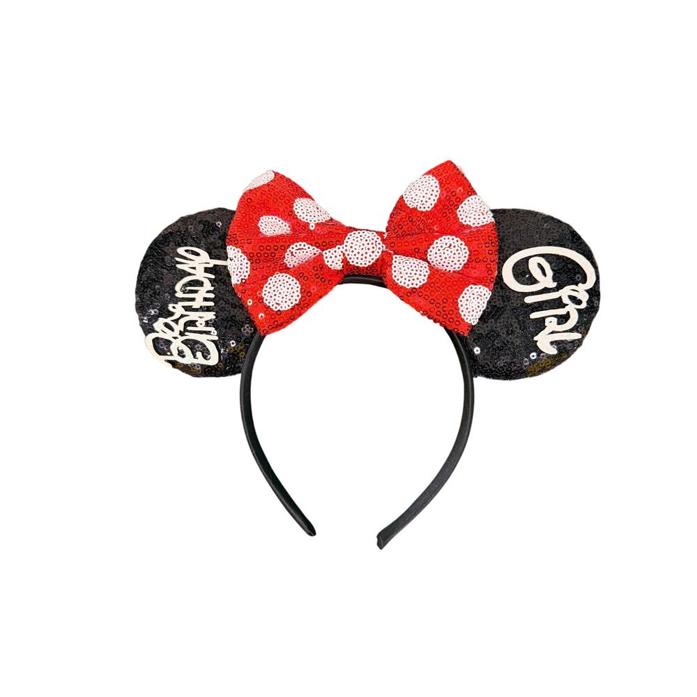 Disney Minnie Mouse Ears Headband Polka Dot Bow Black Sequin Parks